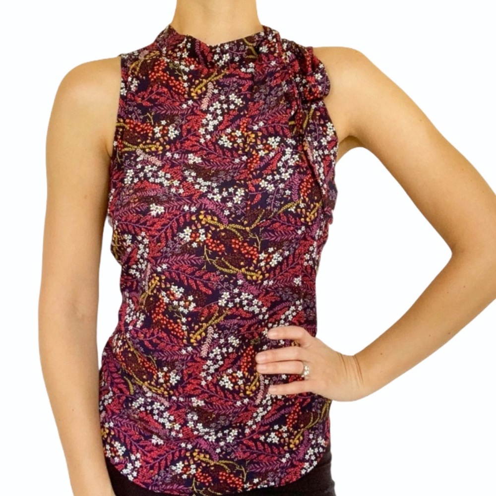 LOFT purple floral tie neck blouse size XXSP